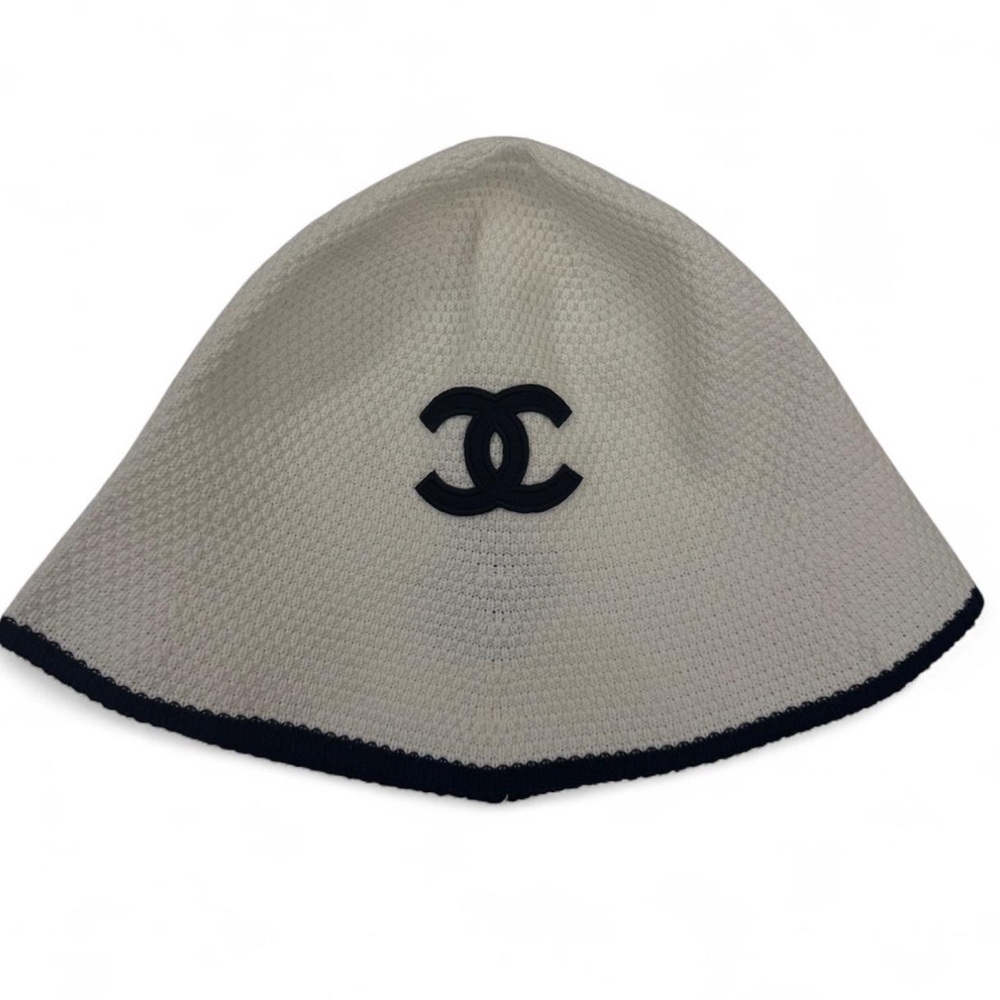 CHANEL Ivory and Black Logo Beanie